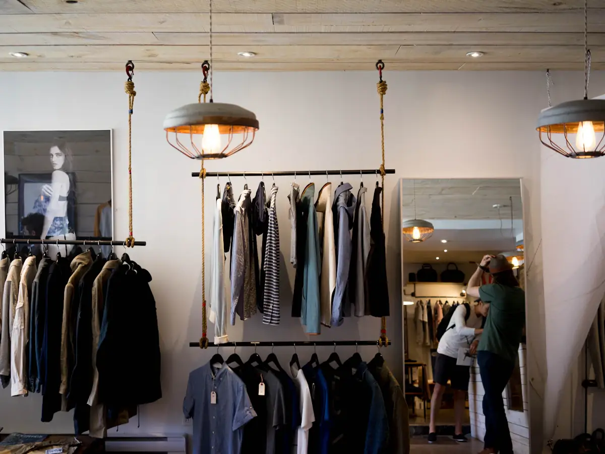 Boutique interior with hanging clothes rails